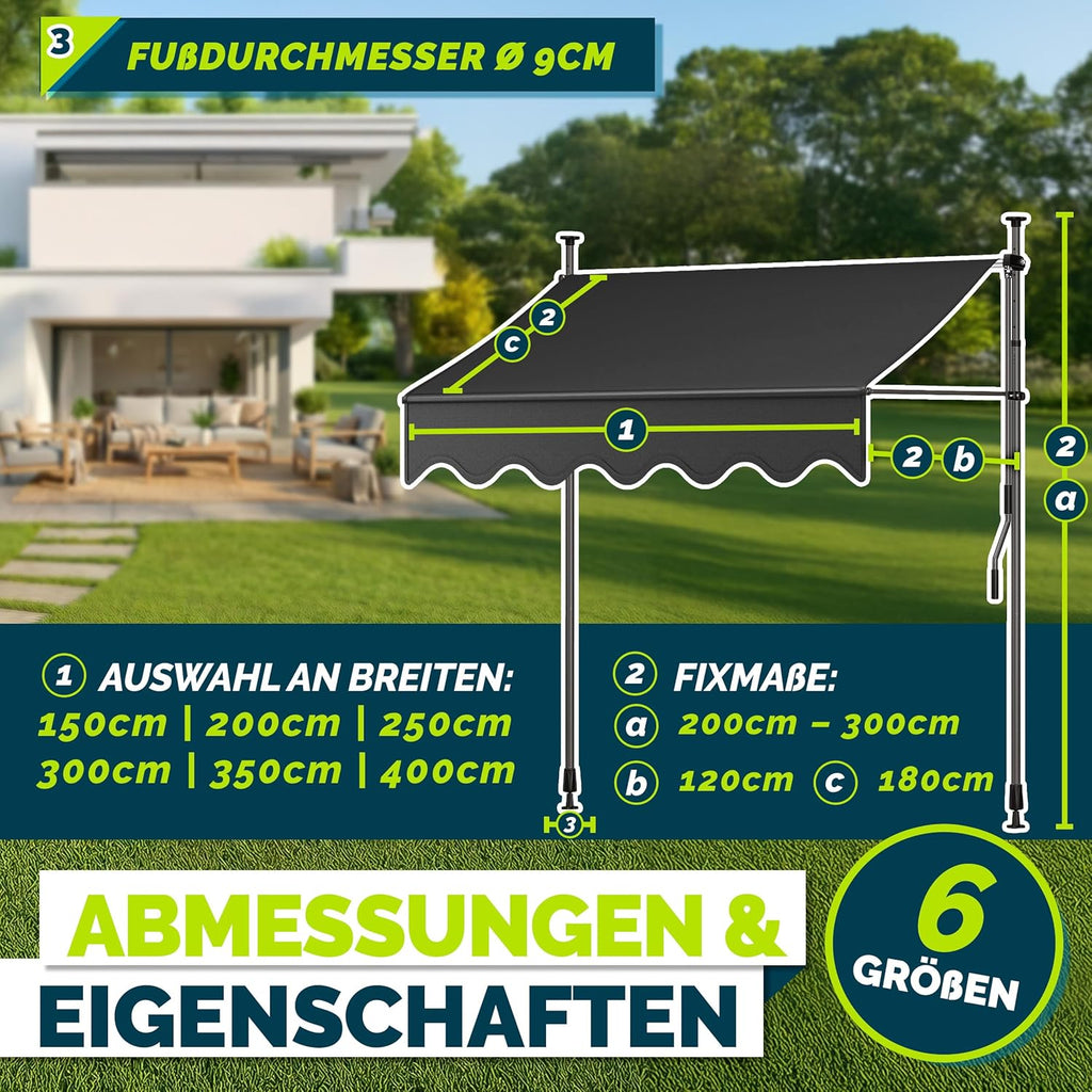 tillvex Klemmmarkise 350cm breit mit Handkurbel – Balkonmarkise ohne Bohren