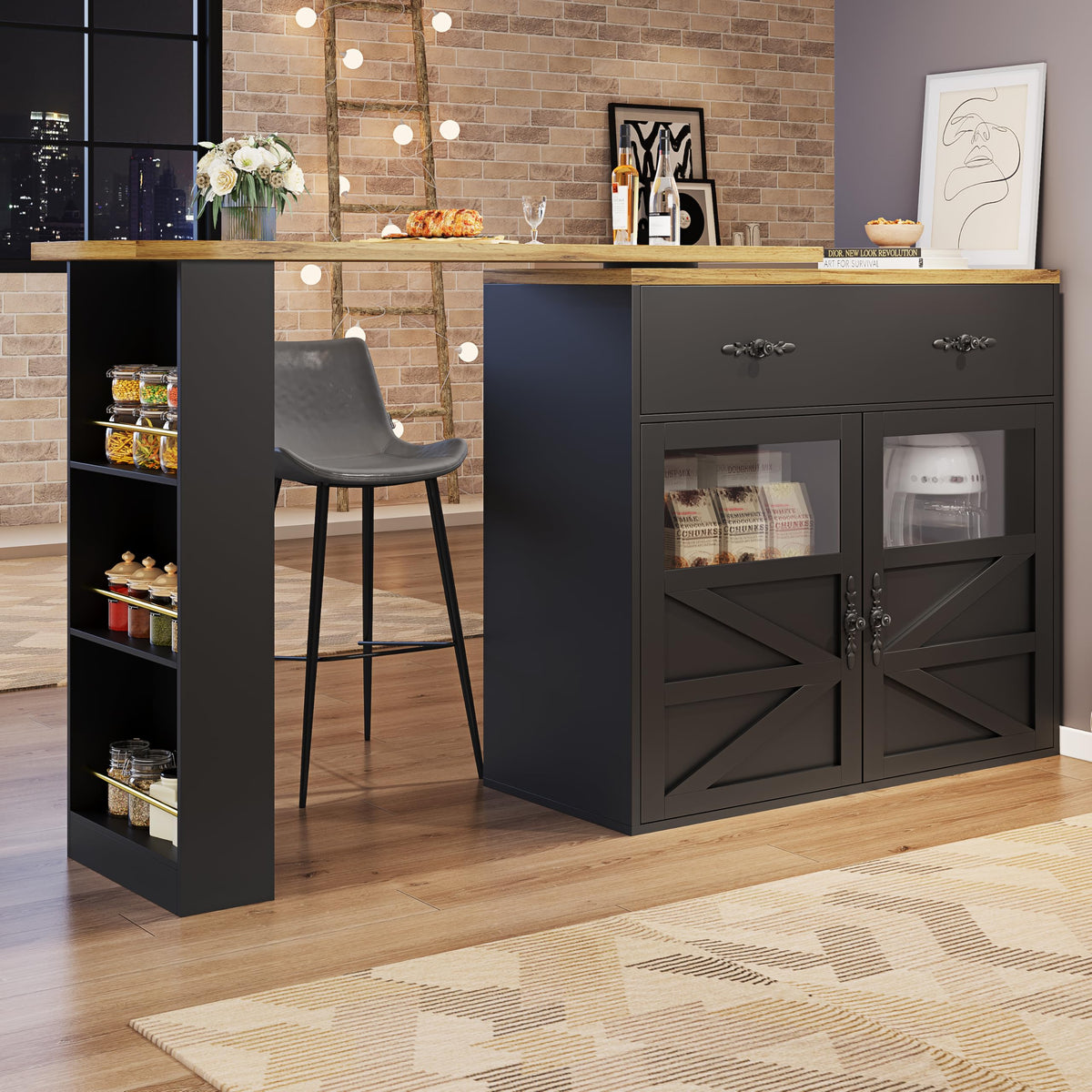 Merax Ausziehbarer Bartisch mit Stauraum, 360° drehbarer Beweglicher Bartisch Küchentheke Kücheninsel Kaffeeecke, mit Offene Ablagefächer