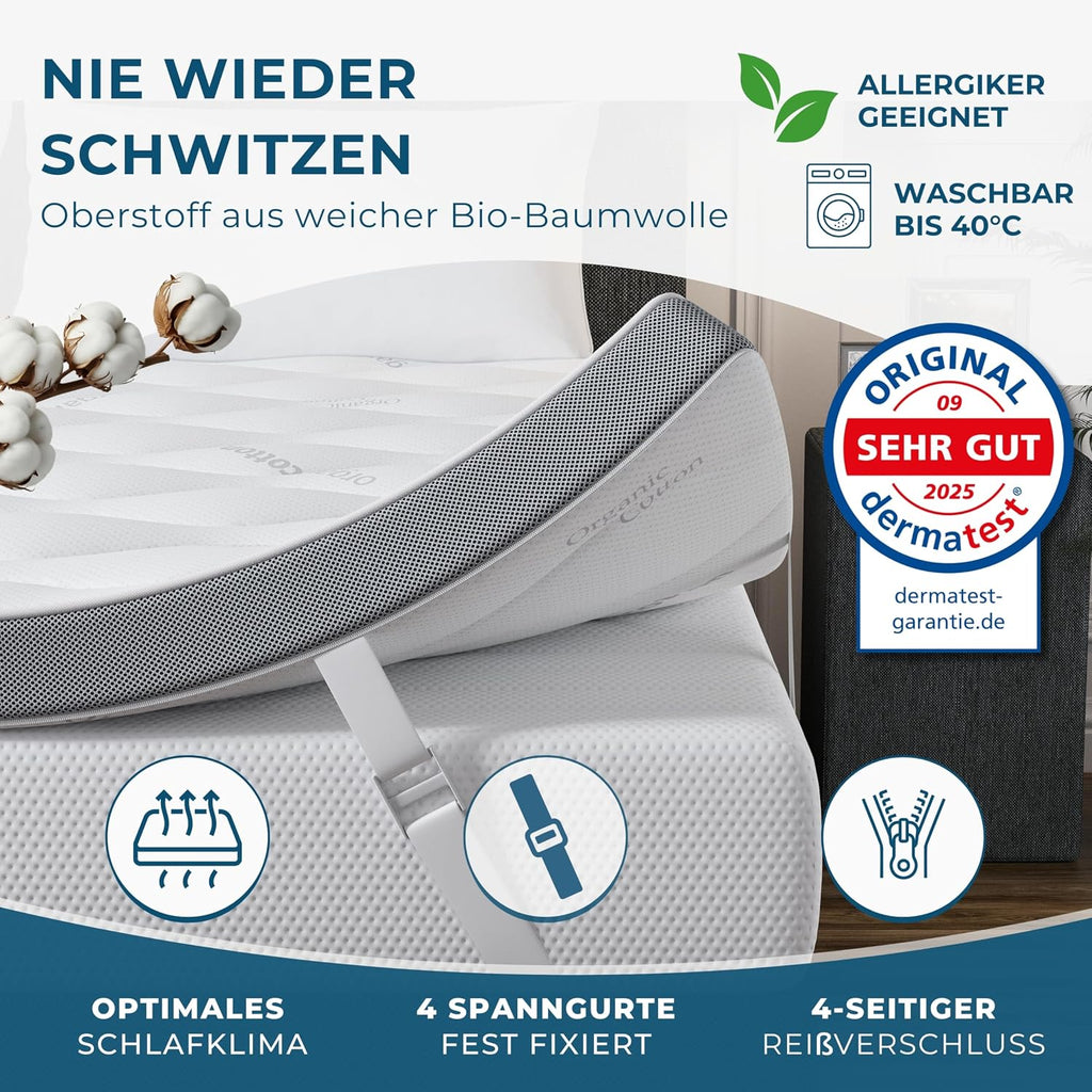 Deluxe Gel Topper 180x200cm – Oberstoff aus 100% Bio-Baumwolle – wolkenweicher 7-Zonen Matratzentopper 180x200cm – Hohes RG 50