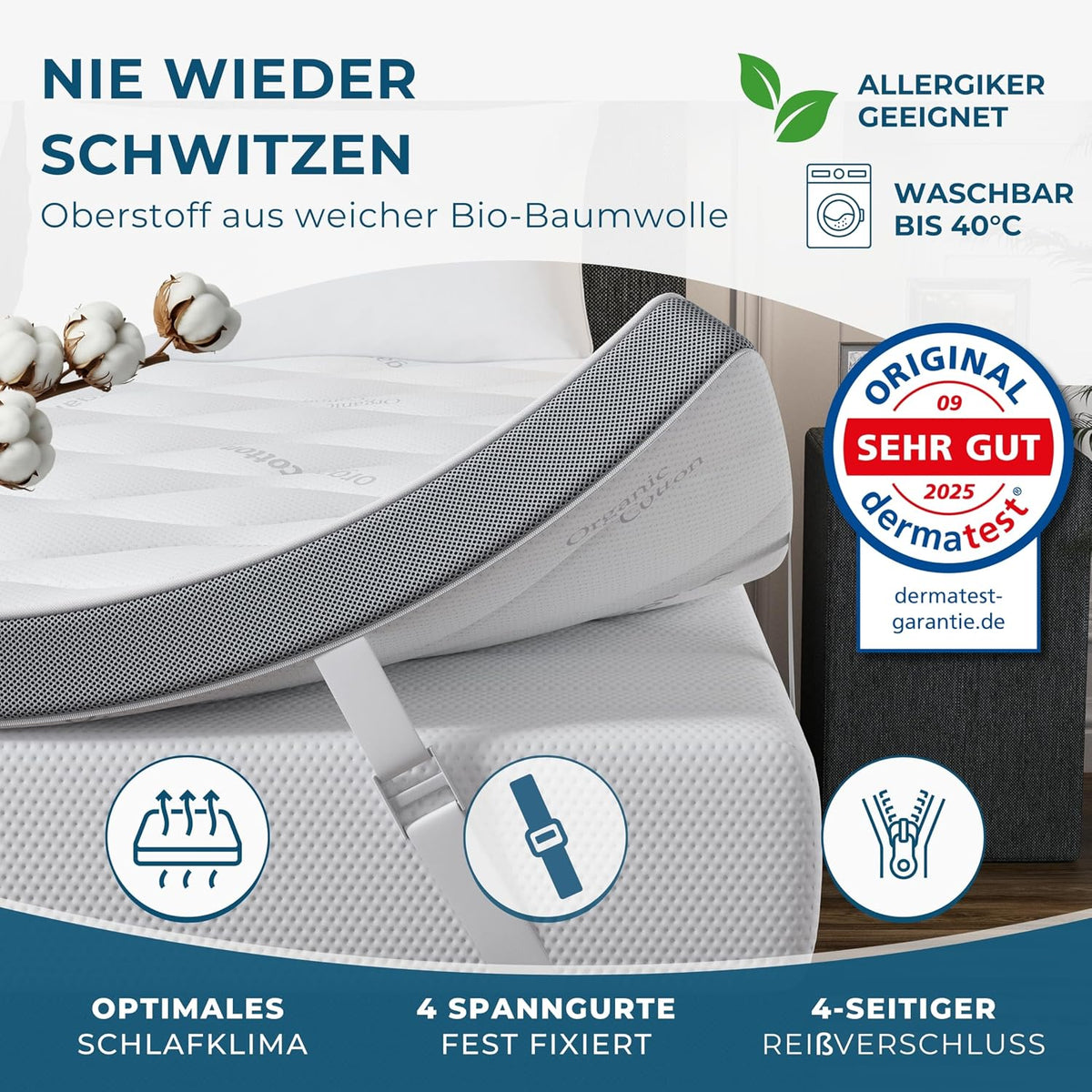 Deluxe Gel Topper 180x200cm – Oberstoff aus 100% Bio-Baumwolle – wolkenweicher 7-Zonen Matratzentopper 180x200cm – Hohes RG 50