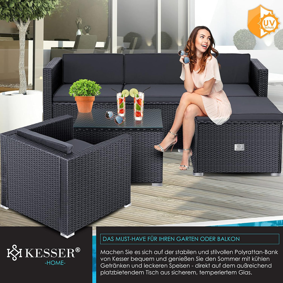 KESSER Polyrattan Lounge Aruba Anthrazit für 4 – 5 Personen – Gartenmöbel Set mit Sofa, Sessel, Hocker & Tisch