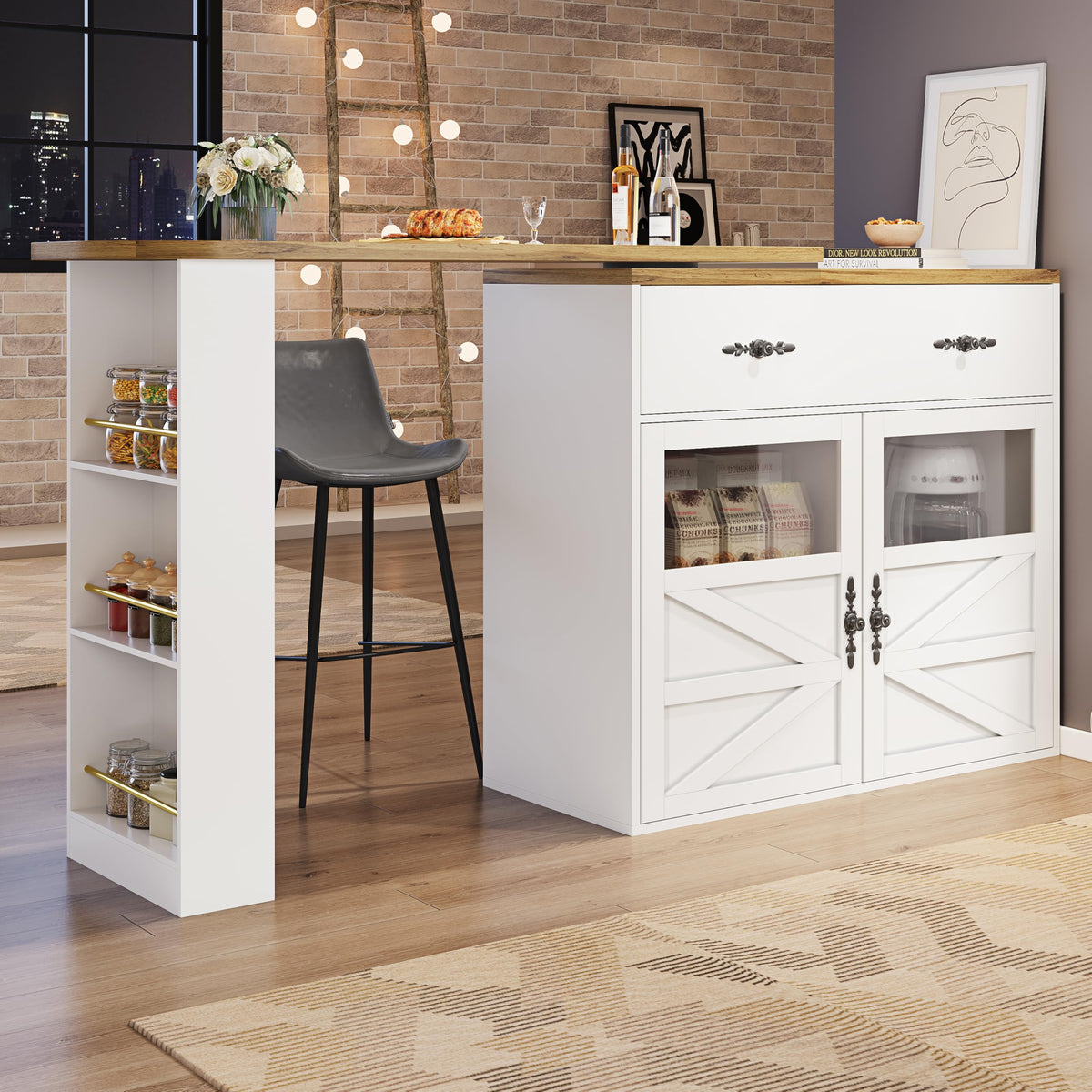 Merax Ausziehbarer Bartisch mit Stauraum, 360° drehbarer Beweglicher Bartisch Küchentheke Kücheninsel Kaffeeecke, mit Offene Ablagefächer
