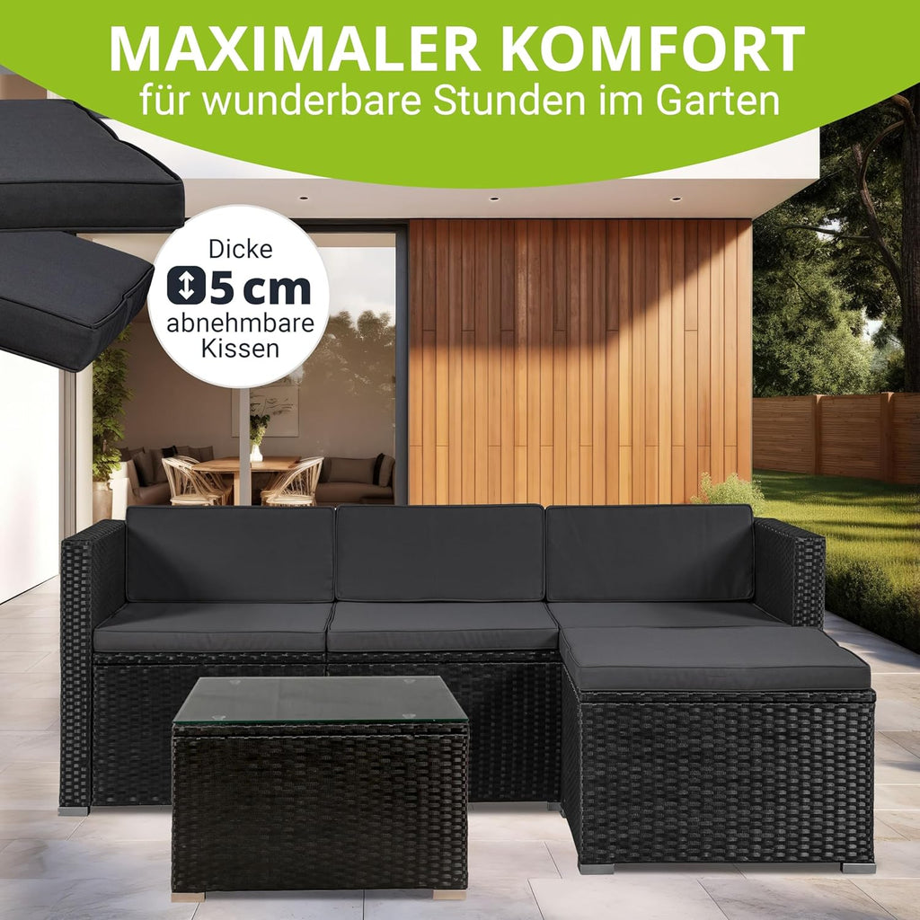 Juskys Polyrattan Lounge Set Punta Cana für 3 – 4 Personen – Gartenmöbel Set mit Sofa, Hocker, Tisch & Kissen