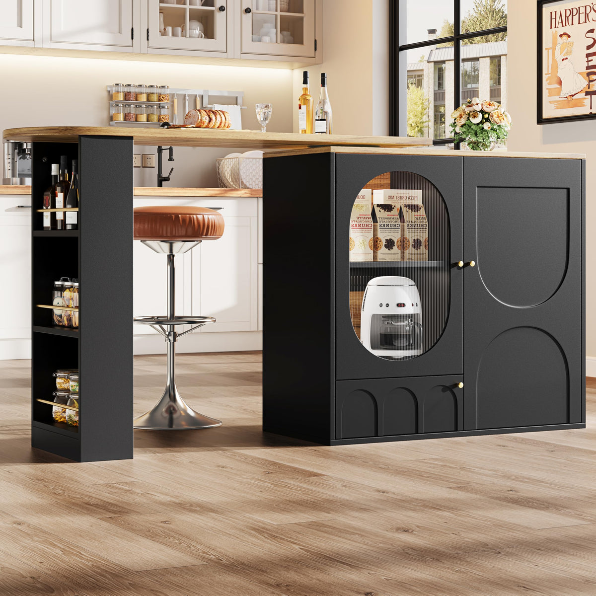 Merax Ausziehbarer Bartisch mit Stauraum, 360° drehbarer Beweglicher Bartisch Küchentheke Kücheninsel Kaffeeecke, mit Offene Ablagefächer