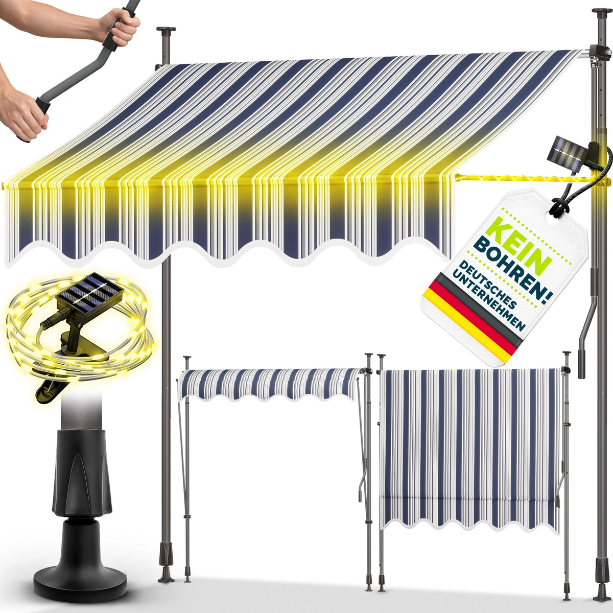 tillvex Klemmmarkise 350cm breit mit Handkurbel – Balkonmarkise ohne Bohren