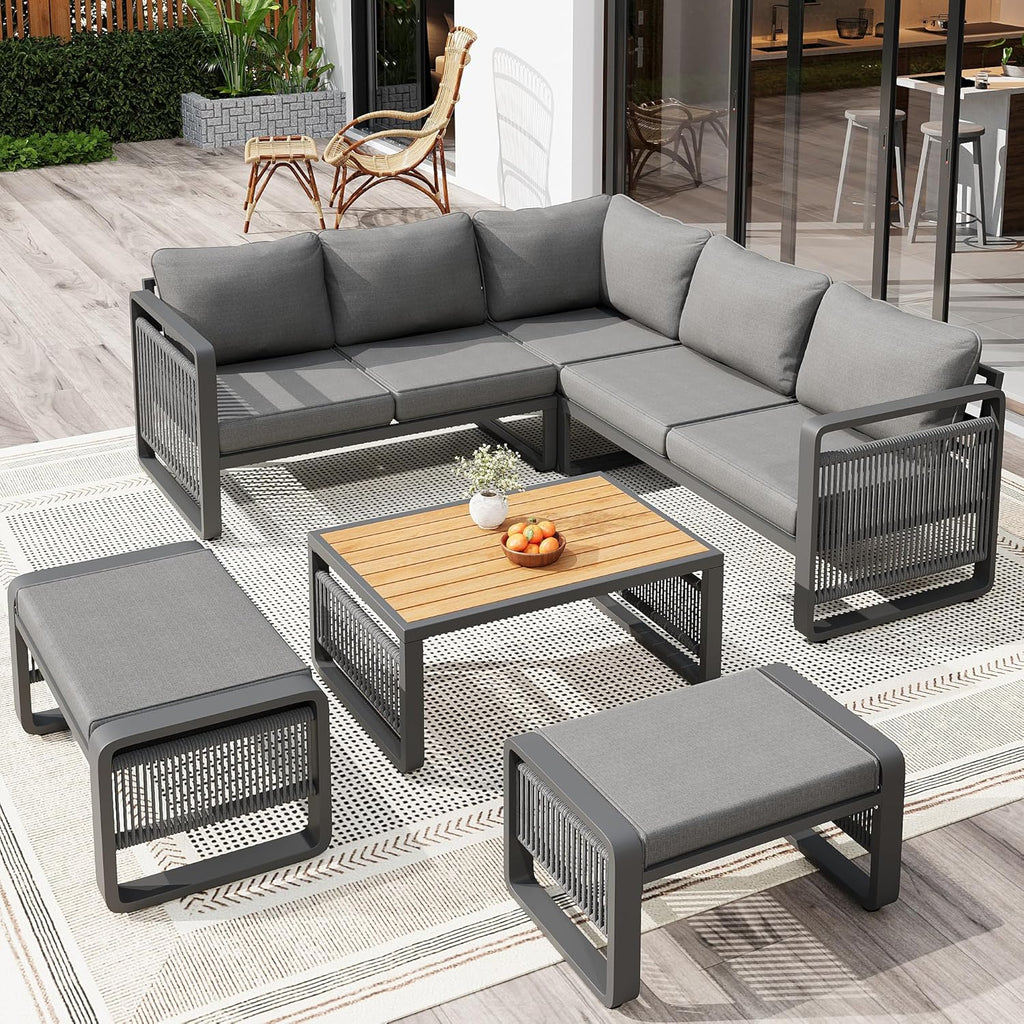 Merax Gartenmöbel Lounge Set Grau für 6 – 7 Personen, Gartensofa mit Liegefunktion, Ecklounge mit Sitzkissen für Terrasse & Balkon