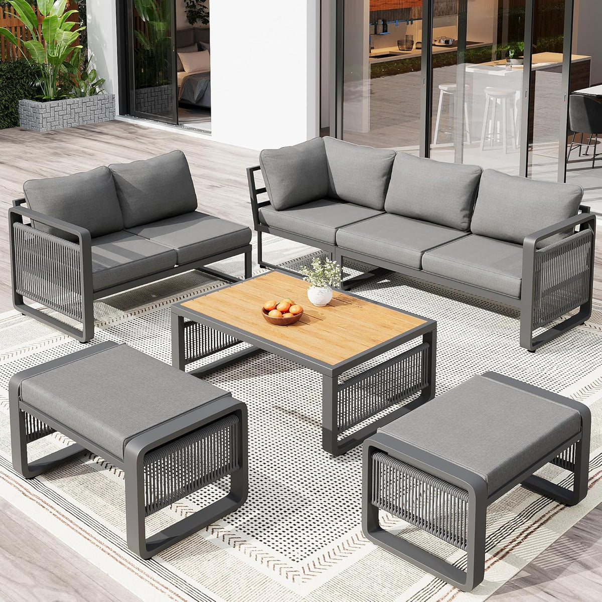 Merax Gartenmöbel Lounge Set Grau für 6 – 7 Personen, Gartensofa mit Liegefunktion, Ecklounge mit Sitzkissen für Terrasse & Balkon