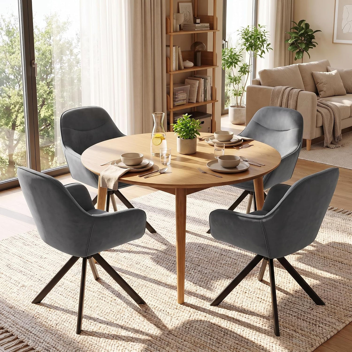 6er Set Esszimmerstühle Drehbar mit Armlehne, 360° Drehstuhl Polsterstuhl Samt Modern Küchenstuhl mit Metallbeine für Esszimmer, Wohnzimmer, Büro