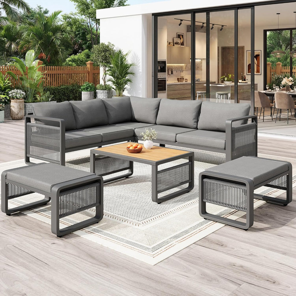 Merax Gartenmöbel Lounge Set Grau für 6 – 7 Personen, Gartensofa mit Liegefunktion, Ecklounge mit Sitzkissen für Terrasse & Balkon