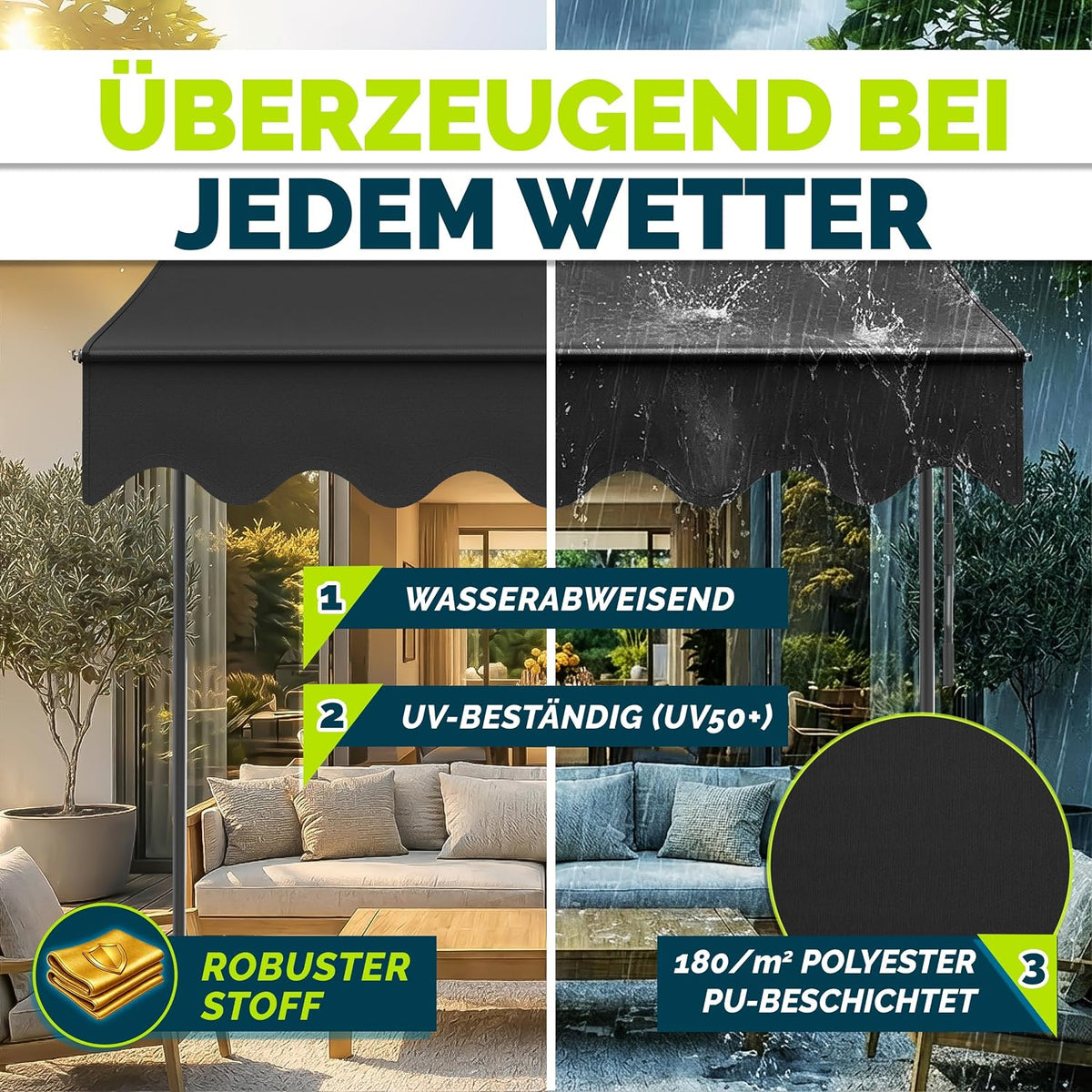 tillvex Klemmmarkise 350cm breit mit Handkurbel – Balkonmarkise ohne Bohren